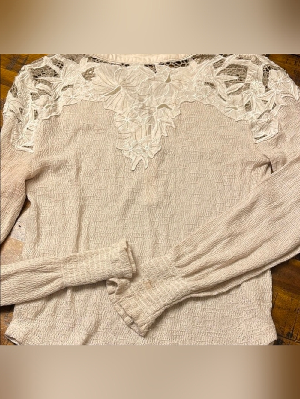 Free People We The Free Ivory Crochet Lace Yoke Thermal Henley Top Size S - Picture 3 of 6